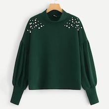 Romwe Mock-neck Pearl Embellished Bishop Sleeve Pullover