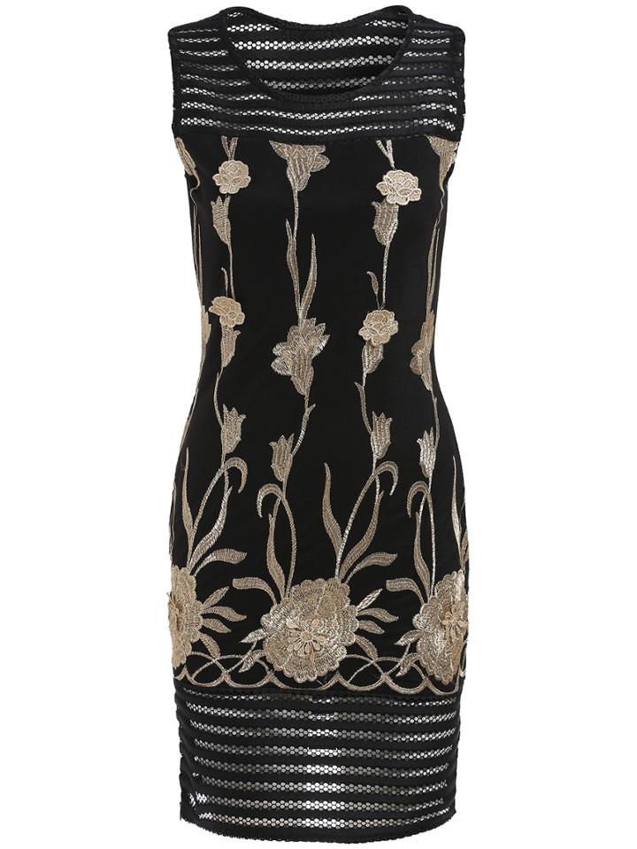 Romwe Sleeveless Embroidered Hollow Sheath Dress