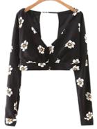 Romwe Black Cross V Neck Cut Out Backless Flowers Print Blouse