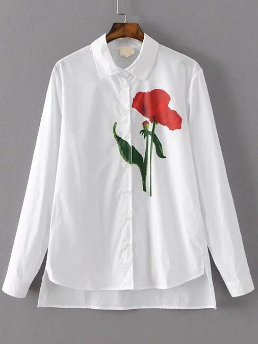 Romwe White Floral Print Dip Hem Blouse