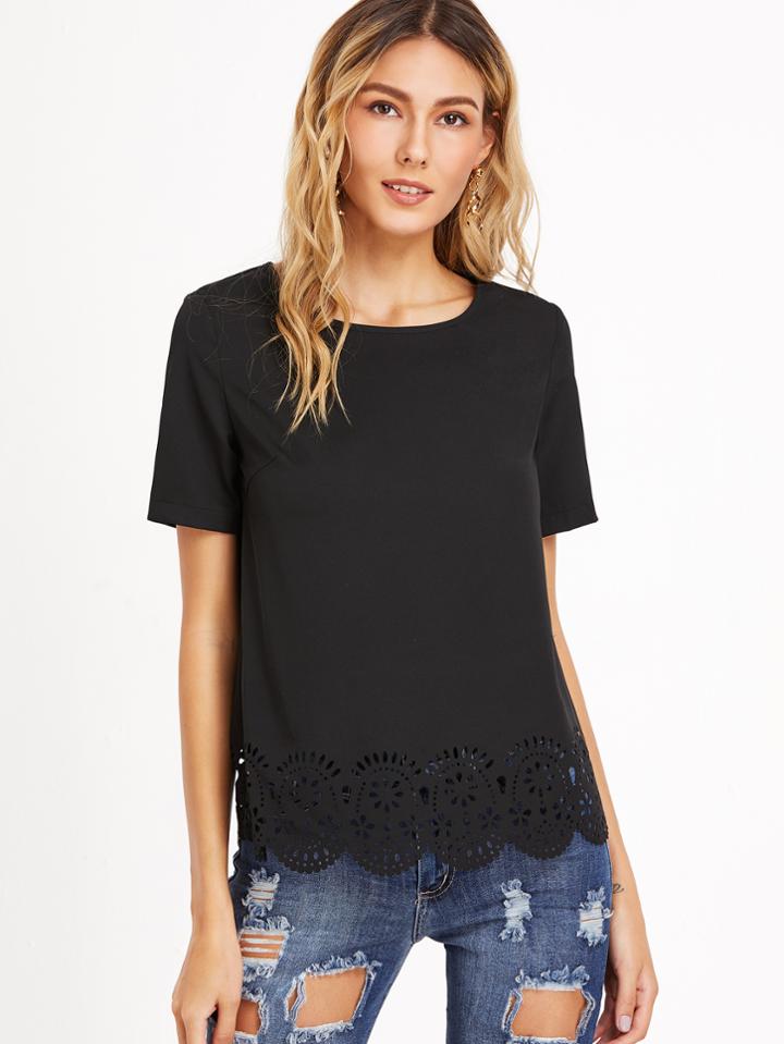 Romwe Black Laser Cutout Scallop Hem Top