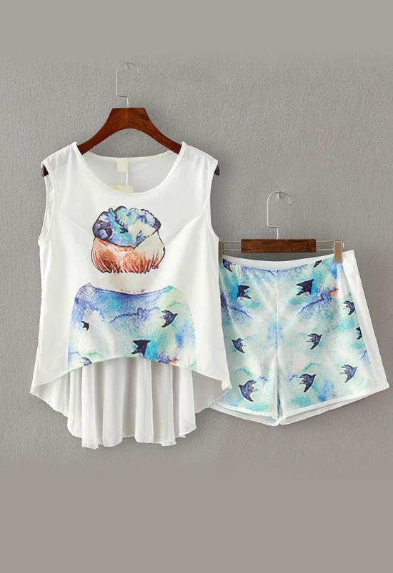 Romwe Dip Hem Sleeveless Top With Swallow Print Shorts