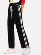 Romwe Striped Tape Side Pearl Beading Velvet Sweatpants