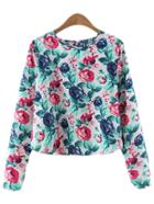 Romwe White Long Sleeve Floral Print Blouse