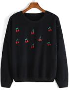 Romwe Cherry Embroidered Loose Sweatshirt