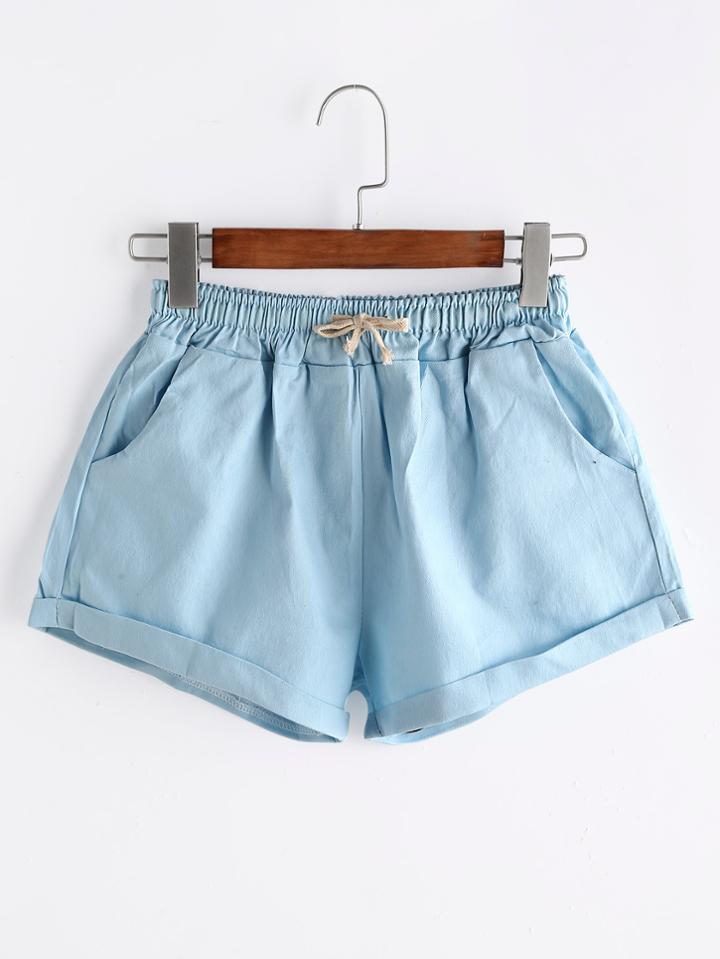 Romwe Blue Drawstring Cuffed Hem Shorts