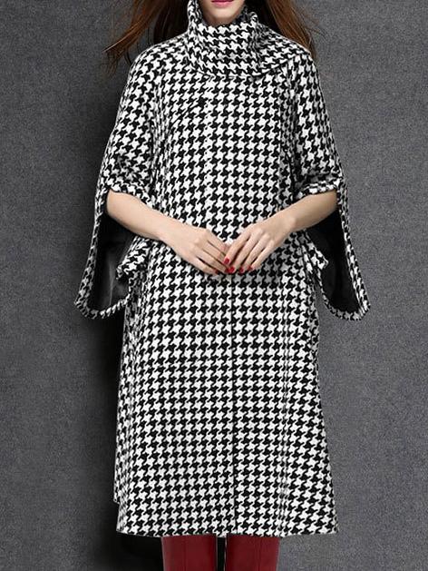 Romwe Houndstooth Pockets Slit Loose Coat