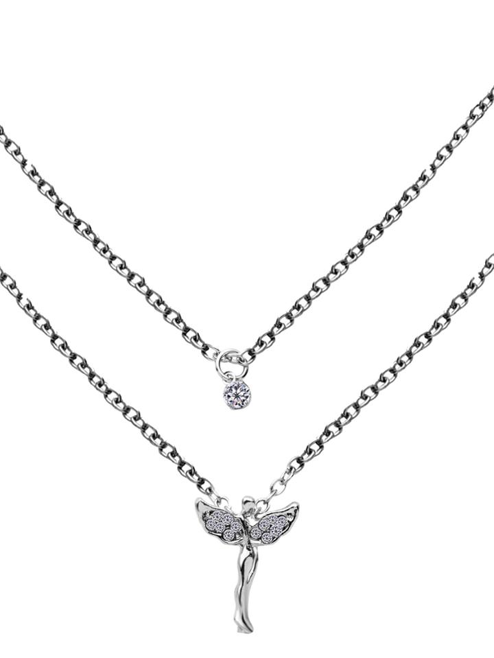 Romwe Silver Double Layer Rhinestone Angel Pendant Necklace