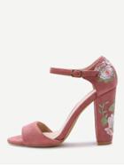 Romwe Pink Flower Embroidery Chunky Heel Sandals