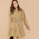 Romwe Bow Tie Waist Zip Up Longline Coat