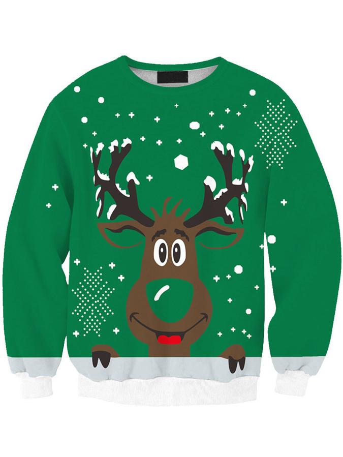 Romwe Women Green Christmas Cute Moose Print Sweater