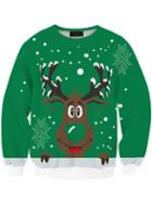 Romwe Women Green Christmas Cute Moose Print Sweater