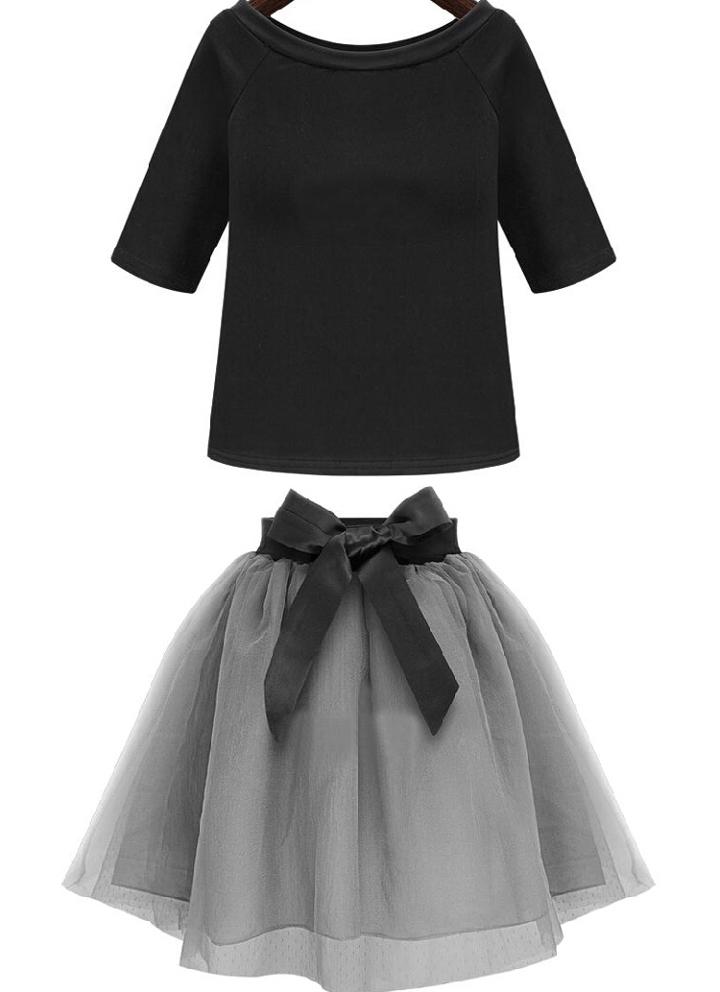 Romwe Half Sleeve Slim Top With Bow Flare Skirt