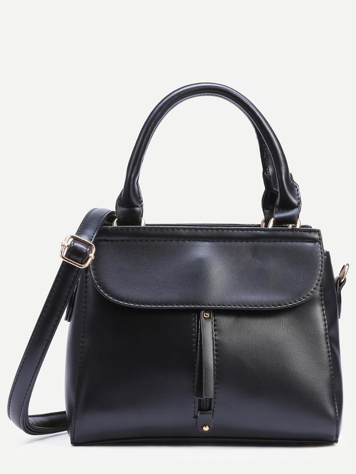 Romwe Black Zip Front Fold Over Flap Satchel Bag
