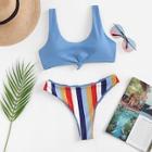 Romwe Twist Tank Top With Striped Bikini Set