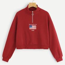 Romwe Quarter Zip Letter Print Sweatshirt