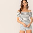 Romwe Rib-knit Striped Bardot Tee