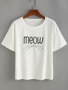Romwe Cat Whiskers & Letter Embroidered T-shirt