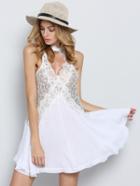 Romwe White Halter Contrast Lace Pleated Dress
