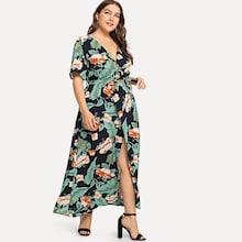 Romwe Plus Floral Print Self Tie Waist Split Dress