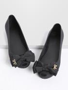 Romwe Black Bow Embellished Peep Toe Ballet Flats