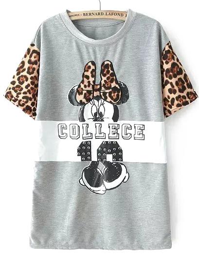 Romwe Contrast Leopard Mickey Print Grey T-shirt
