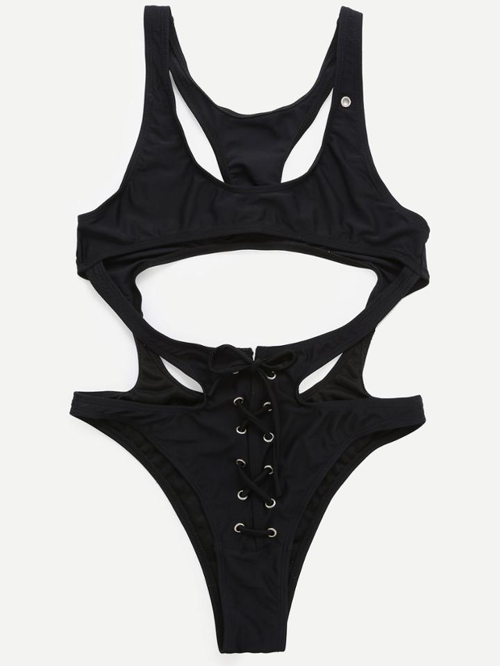 Romwe Black Cutout Lace Up Monokini