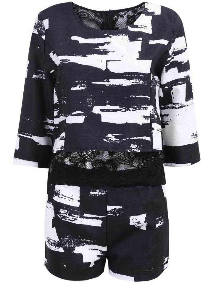Romwe Half Sleeve Split Top With Ink Print Shorts