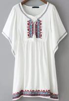 Romwe Butterfly Sleeve Embroidered White Top