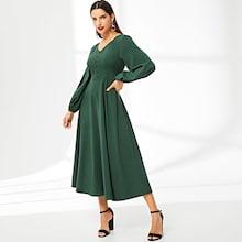 Romwe V-neck Button Detail Lantern Sleeve Dress