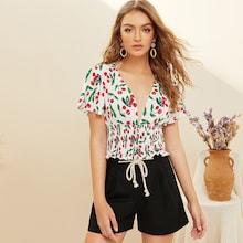 Romwe Plunging Neck Flutter Print Shirred Cherry Top