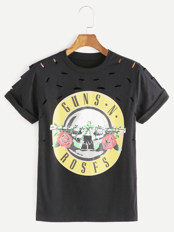 Romwe Black Printed Ripped Roll Sleeve T-shirt