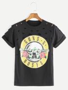 Romwe Black Printed Ripped Roll Sleeve T-shirt