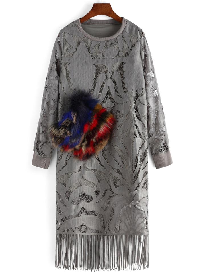 Romwe Long Sleeve Fringe Faux Fur Pocket Hollow Lace Dress