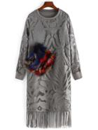 Romwe Long Sleeve Fringe Faux Fur Pocket Hollow Lace Dress