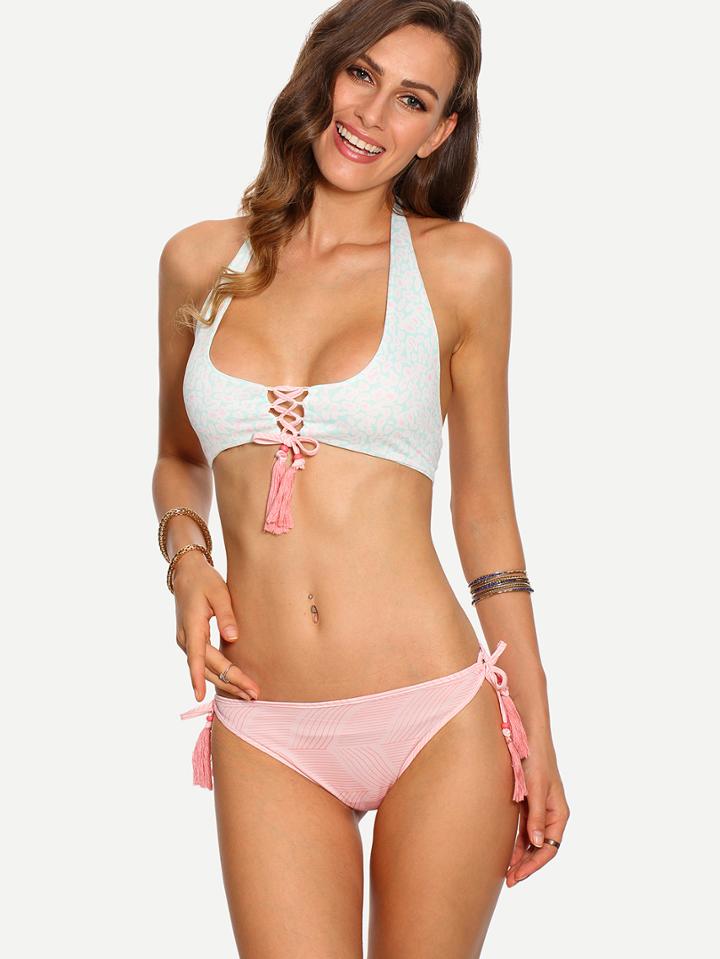 Romwe Multicolor Tassel Lace-up Mix & Match Bikini Set