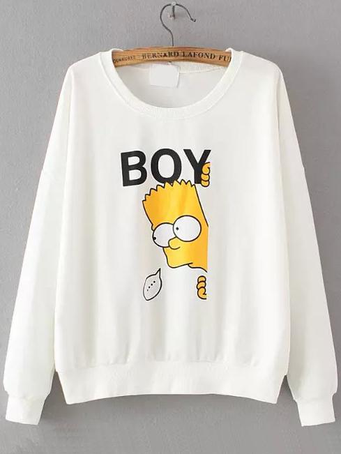 Romwe Round Neck Sipson Print White Sweatshirt