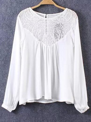 Romwe White Keyhole Back Lace Splicing Blouse