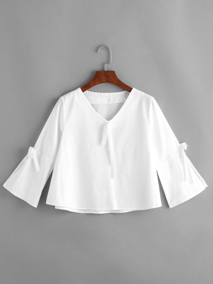 Romwe V Neck Bow Tie Detailed Top