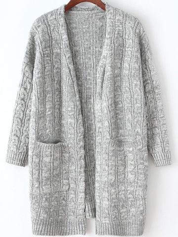 Romwe Long Sleeve Cable Knit Pockets Grey Coat