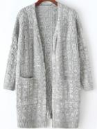 Romwe Long Sleeve Cable Knit Pockets Grey Coat