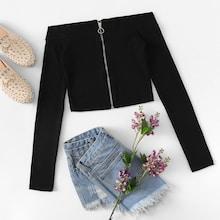 Romwe Off Shoulder Zip Up Tee