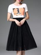 Romwe White Black Print A-line Combo Dress