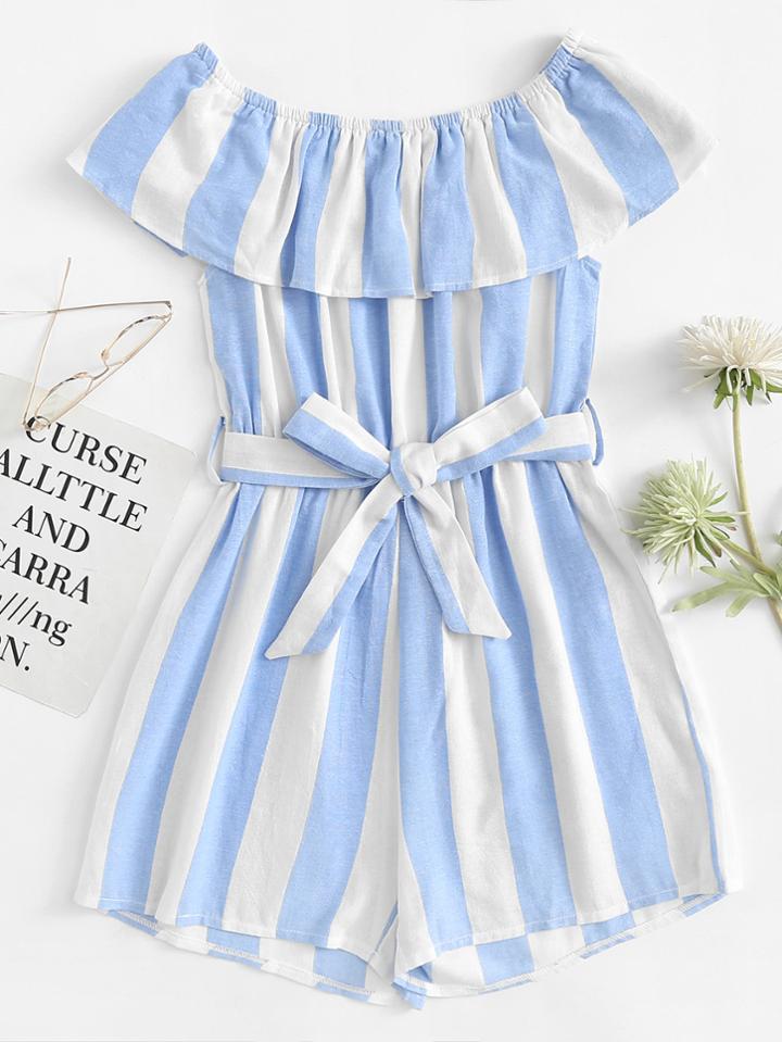 Romwe Off Shoulder Striped Self Tie Waist Romper