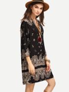 Romwe Tribal Print Buttoned Placket Tunic Dress - Black