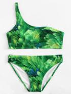 Romwe Leaf Print One Shoulder Bikini Set