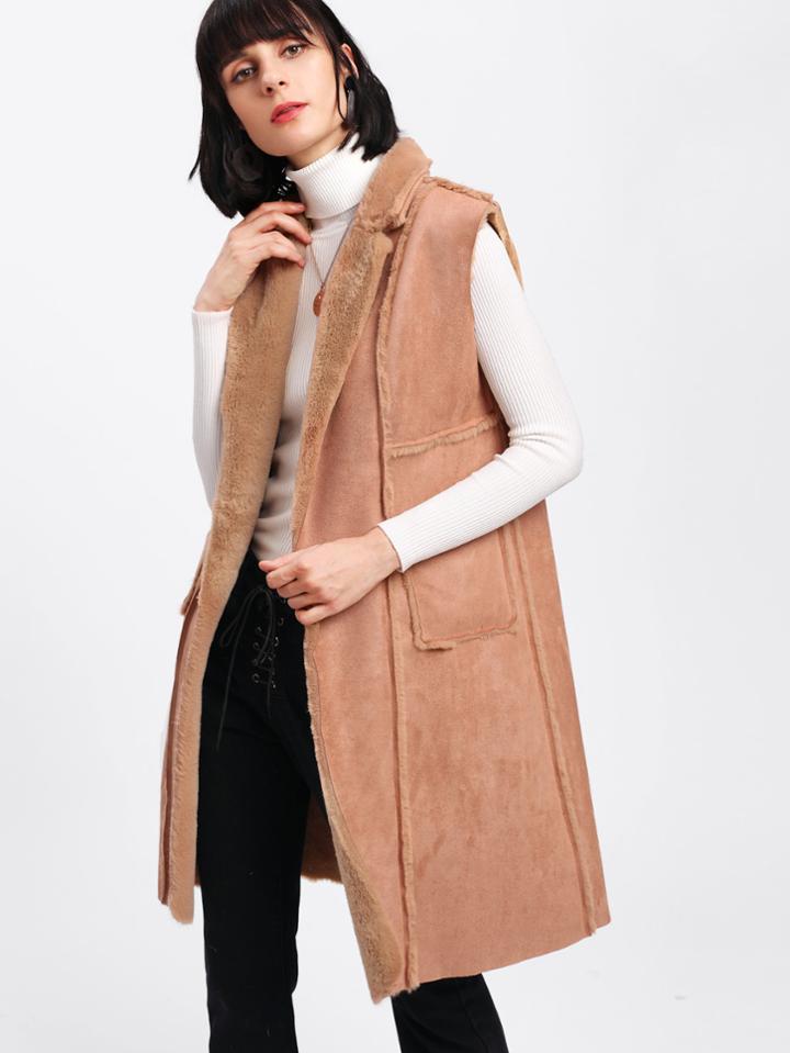 Romwe Faux Fur Lined Suede Vest Coat