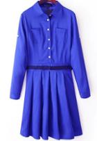 Romwe Purple Long Sleeve Pockets Pleated Dress