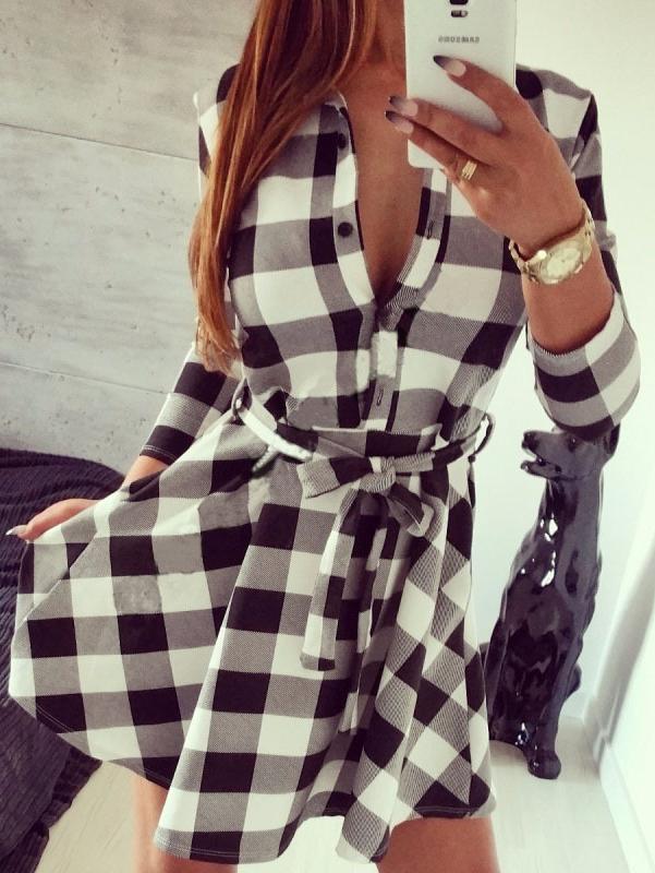 Romwe Lapel Plaid Belt Black Shirt Dress