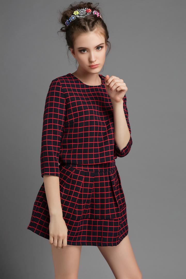 Romwe Red Half Sleeve Plaid Top With Flare Skirt
